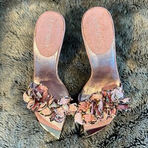 Luichiny Pink Silk & Suede Floral Front Slip On Low Fairy Heels, Size 7
